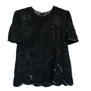 Vintage Robert Anthony Beaded Silk Top Medium Black Lined Sequin Scalloped